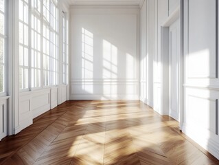 Obraz premium A large, empty room with white walls and wooden floors
