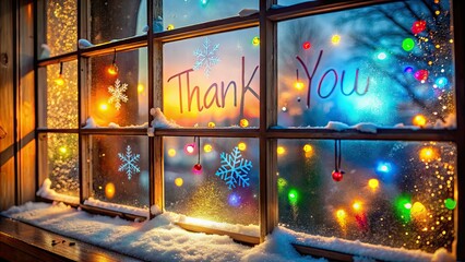 Vibrant colorful thankful message written on a foggy windowpane with a warm glow, surrounded by snowflakes, evoking feelings of gratitude and cozy winter wonderland atmosphere.