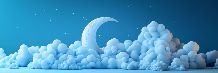 A 3D icon of a crescent moon partially covered by clouds representing a cloudy night sky designed in a simple and elegant style