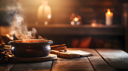 Steaming magical pot on a rustic wooden table in a cozy, candlelit room with an open book nearby