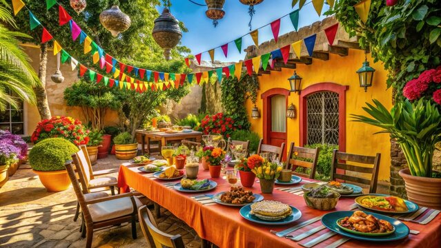 Vibrant colors and lively decorations fill a warm outdoor patio where a delicious Latin-inspired feast is being enjoyed on a sunny afternoon.