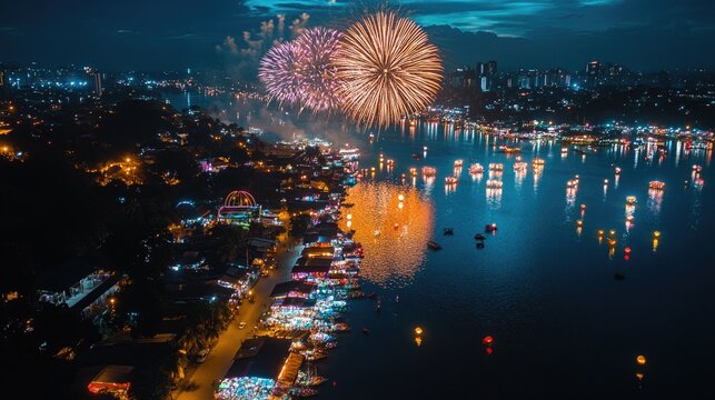 Aerial View of Kadayawan Festival at Night: Glowing Lanterns, Bustling Street Markets, and Fireworks Over the Davao River