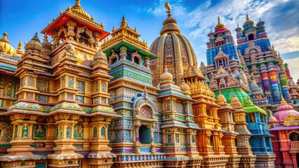 Vibrant colors of traditional Indian architecture, intricate carvings, and ornate facades adorn the historic temples and monuments of ancient Gujarat, India's cultural treasure.