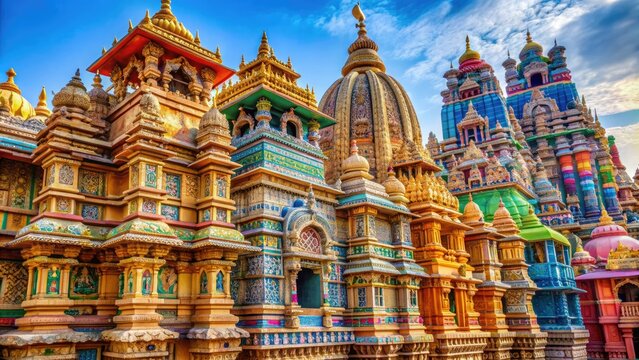 Vibrant colors of traditional Indian architecture, intricate carvings, and ornate facades adorn the historic temples and monuments of ancient Gujarat, India's cultural treasure.
