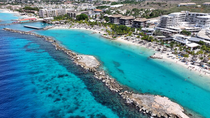 Mambo Beach At Willemstad In Netherlands Curacao. Beach Landscape. Caribbean Island. Willemstad At Netherlands Curacao. Seascape Outdoor. Nature Tourism.