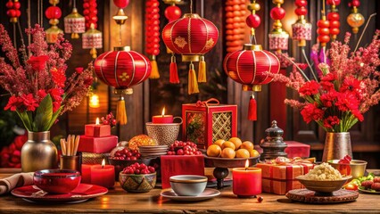 Fototapeta premium Vibrant decorations, lanterns, and Confucius-inspired ornaments adorn a festive table setting, surrounded by firecrackers, chocolates, and gifts, capturing the joy of Chinese New Year celebrations.