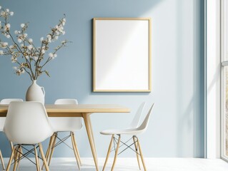 A white framed picture hangs on a wall above a wooden dining table