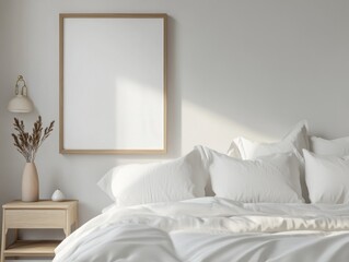 A white bed with a white pillow and a white blanket