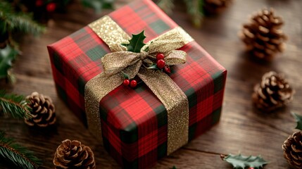 A festive holiday-themed gift box, wrapped in red and green plaid paper, tied with a gold ribbon, placed on a wooden table with pinecones and holly leaves