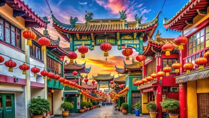 Fototapeta premium Vibrant dragon gates and lanterns adorn colorful buildings in LA's Chinatown, a bustling cultural hub filled with Asian markets, street food, and festive atmosphere.