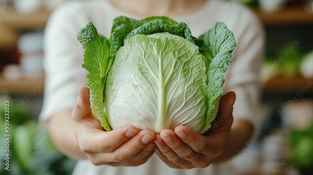 Wall mural hands holding a fresh cabbage in a home kitchen