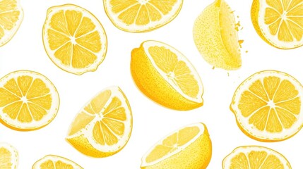 A pattern of bright yellow lemons, showcasing their vibrant slices and whole fruit.
