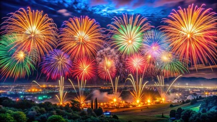 Vibrant explosions of colorful fireworks illuminate the night sky, casting a warm glow on the surrounding landscape, filling the air with magic and excitement.