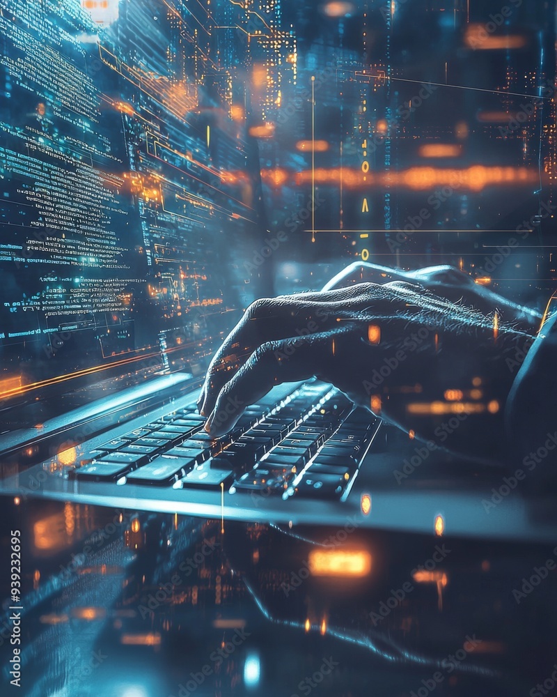 Poster hacker typing code on laptop with city lights background