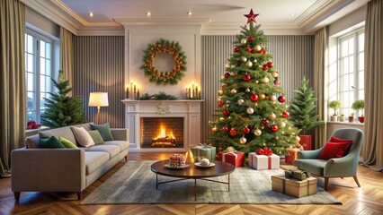 Vibrant festive decorations adorn a modern living room, featuring a chic Christmas tree, elegant garland, and gleaming ornaments in a seasonal blend of style and cheer.
