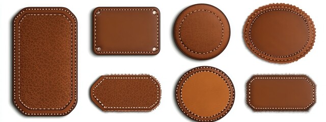 Fototapeta premium Set of brown isolated realistic leather patch. Label tag with seam template on transparent background. Vintage craft emblem design with string. Round and rectangle calfskin material sample rivet.
