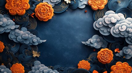 Moon cake and clouds on a dark blue background, perfect for festive or cultural-themed designs.