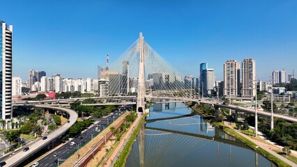 Cable Bridge At Downtown In Sao Paulo Brazil. Cityscape Bridge. Traffic Road. Sao Paulo Brazil. Urban Landscape. Cable Bridge At Downtown In Sao Paulo Brazil.