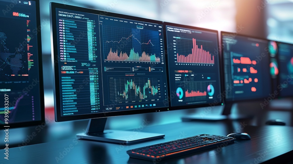 Poster financial data analysis on multiple monitors with keyboard and mouse