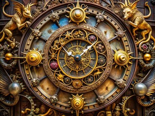 Fototapeta premium Timekeeping Odyssey: Ancient, Mythical, Talisman, Clock, Fantastical