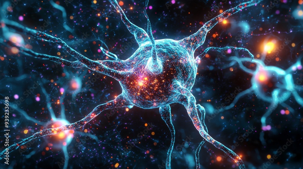 Poster abstract neuron cell d rendering with glowing lights