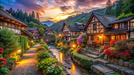 Fototapeta premium Traditional Village Charm: Quaint homes, vibrant colors, lush surroundings, soft lighting, peaceful atmosphere