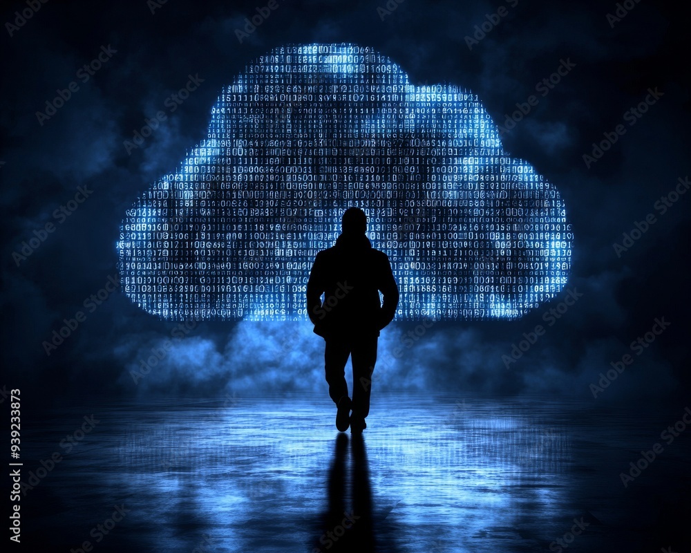 Poster silhouette of a man walking towards a digital cloud with binary code