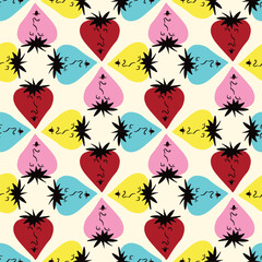 Valentines Day pattern with ugly funky hearts. Groovy cute love characters. Vector illustration in doodle style