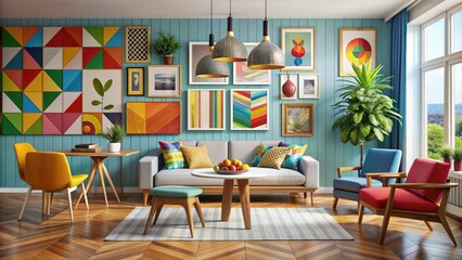 Vibrant geometric patterns and eclectic artwork adorn a bright, modern interior wall, creating a lively and playful atmosphere in this trendy and Instagram-worthy space.