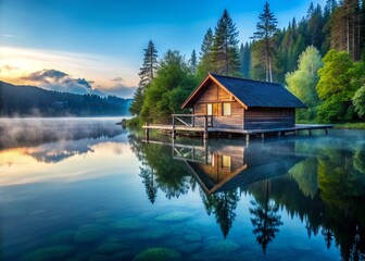 Fototapeta premium Tranquil Lakeside Retreat: Rustic cottage on a serene lake, calm blue hues, ethereal reflections.