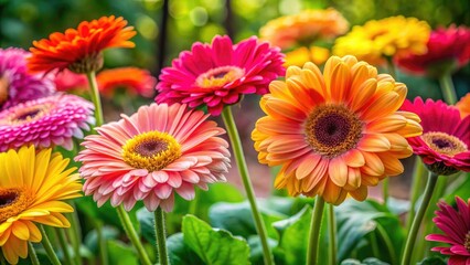 Vibrant gerbera daisies in shades of pink, yellow, and orange bloom amidst lush greenery in a serene and well-maintained garden setting on a sunny day.
