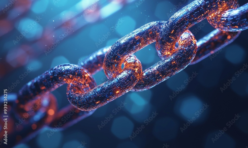 Poster abstract digital chain link with glowing lights and bokeh background