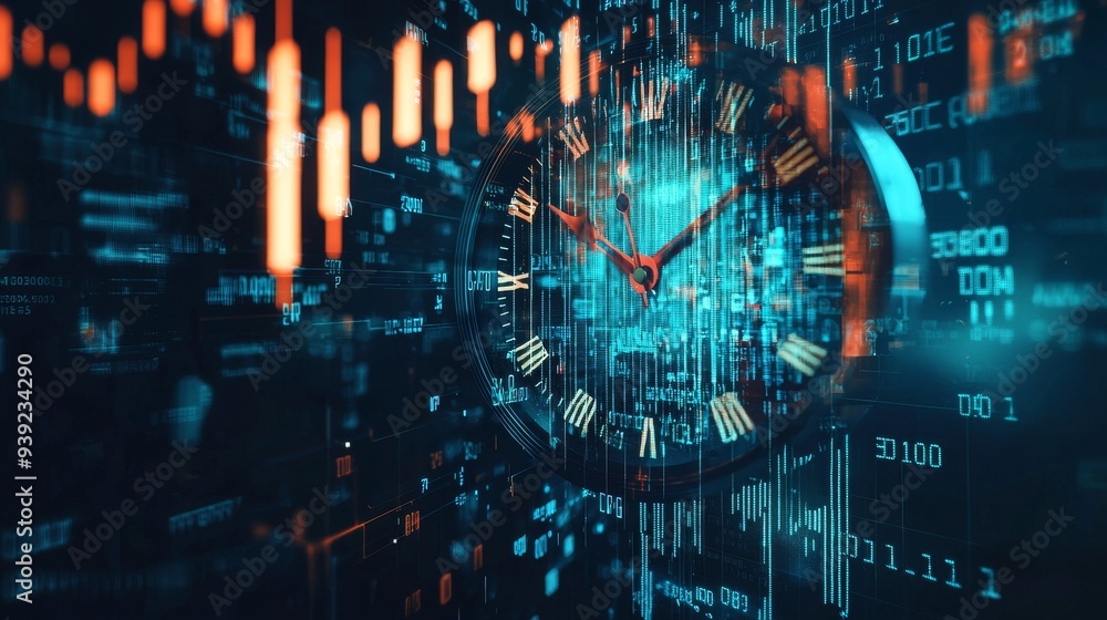 Poster time and data abstract clock with digital code background