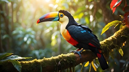 Fototapeta premium A vibrant image of a colorful toucan with a large, bright beak, sitting on a tree branch in a dense rainforest, with beams of sunlight filtering through the leaves.