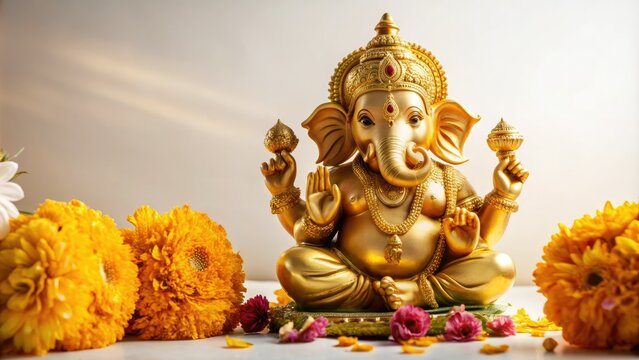 Vibrant golden statue of Lord Ganesha, the remover of obstacles, adorned with flowers and offerings, sits serene against a soft, creamy white background.