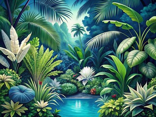 Fototapeta premium Tropical Oasis: White, navy blue, green, lush foliage, vibrant colors