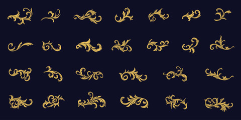 Set of golden ornamental fancy design border, elegance vintage Baroque swirl filigree arabesque engraving decorative elements. Vector set art deco floral ornaments elements