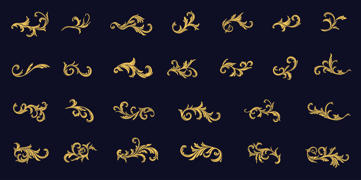 Set of golden ornamental fancy design border, elegance vintage Baroque swirl filigree arabesque engraving decorative elements. Vector set art deco floral ornaments elements