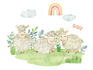Fototapeta premium Watercolor vector poster with sheeps. Composition for greeting card and etc. Wall decor.