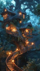 Naklejka premium Enchanting treehouse with lanterns, nestled in a mystical forest at twilight, glowing warmly against a backdrop of deep green foliage and twilight.