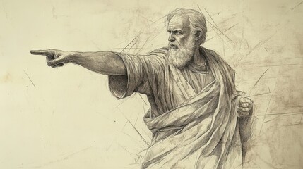 Fototapeta premium Illustration of Eliphaz’s Faith - Gesturing Towards the Horizon, Symbolizing God’s Ultimate Justice, Beige Background