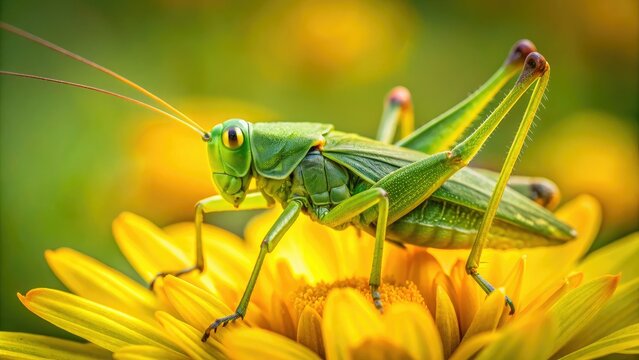 Vibrant green grasshopper perched on a delicate yellow flower petal, showcasing its intricate wings and antennae against a soft, blurred natural background.