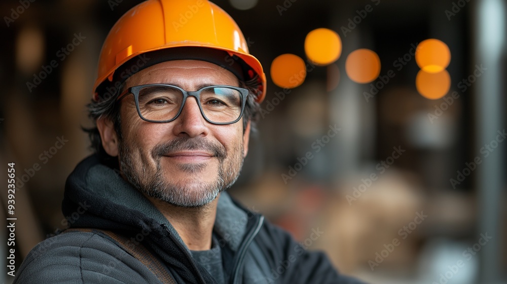 Wall mural smiling construction worker with an orange helmet and glasses