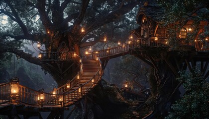 Obraz premium Magical treehouse village illuminated by lanterns at night, nestled in a dense, enchanting forest with winding wooden pathways.