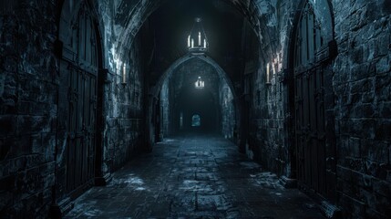 Gothic medieval dungeon corridor with stone walls, dim lighting, and eerie atmosphere, perfect for dark fantasy or horror-themed projects.