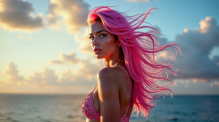 Naklejka premium young woman with pink hair turning around - ocean in background