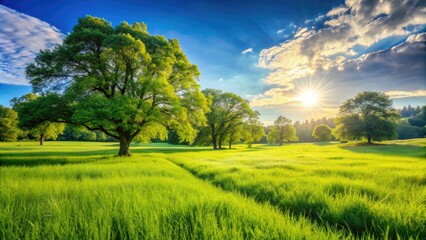 Obraz premium Vibrant green lush grass sways gently in the breeze, filling a serene and idyllic sunny field surrounded by majestic trees and a clear blue sky.