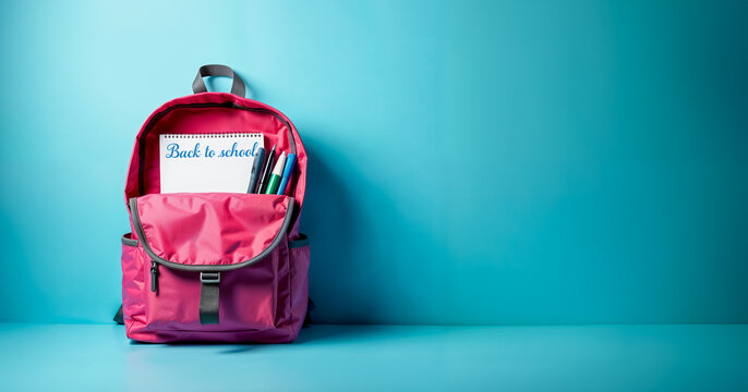open school backpack with notebook and pens inside - back to school