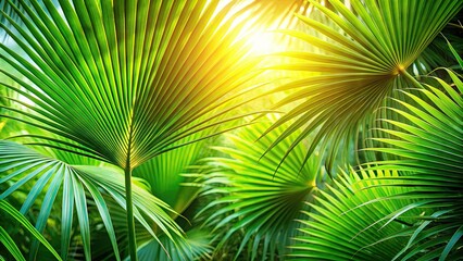 Fototapeta premium Vibrant green palm leaves with delicate fronds and stems arch gracefully upwards, set against a soft, blurred background with hints of natural sunlight filtering through.