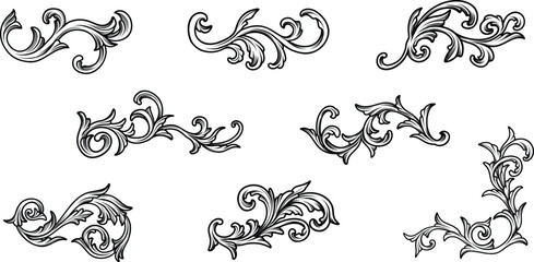 Set of vintage Baroque ornament,Vintage floral border elements, engraved leaves and frame filigree arabesque, Victorian black line art, swirl flourish engraving ornamental elements vector design.